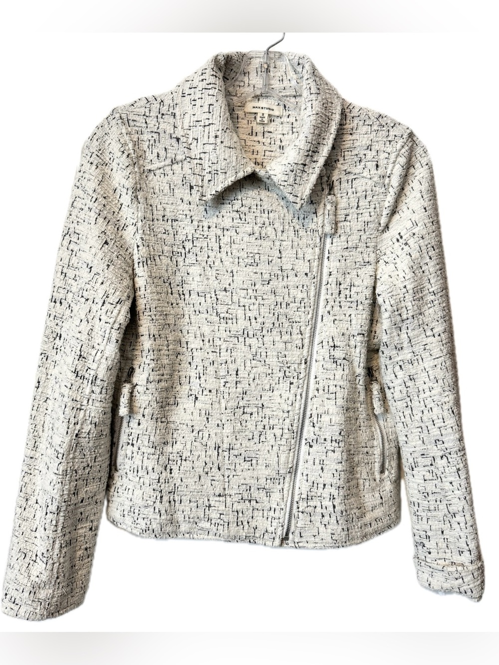 Max Studio Bouclé Tweed Jacket SM Black White Parisian Inspired Blazer Moto Zip - Picture 2 of 6